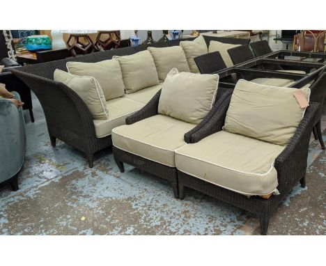 GARDEN SOFA, 323cm W and pair of chairs, 75cm W, faux rattan with cushions. (3)