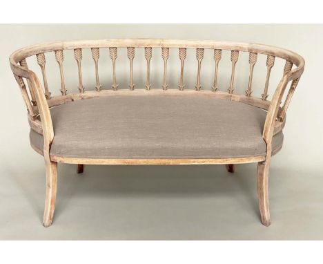 HALL SEAT, early 20th century beechwood framed with arrow railed enclosing back and spring upholstered seat, 138cm x 60cm x 8
