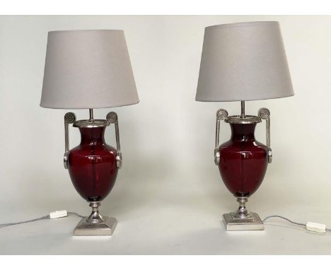 TABLE LAMPS BY CHARLES EDWARDS, a pair, ruby glass and silvered metal mounted, with shades, 69cm H. (2) 