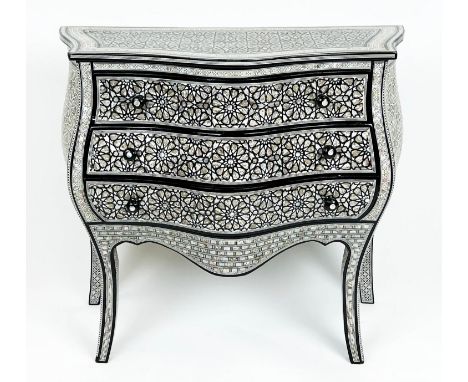 SYRIAN BOMBE COMMODE, mother of pearl inlaid with three long drawers, 78cm H x 85cm x 40cm. 
