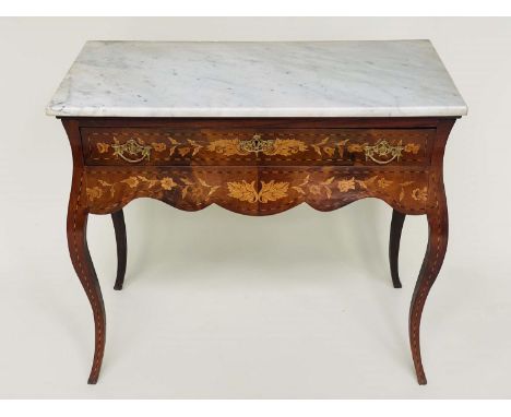 DUTCH CONSOLE/SIDE TABLE, early 19th century Dutch mahogany and satinwood marquetry with frieze drawer and cabriole supports,