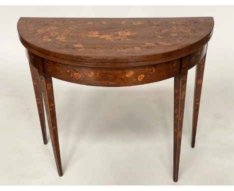 DUTCH CARD TABLE, early 19th century mahogany and satinwood marquetry demi lune foldover baize lined, 93cm x 45cm x 76cm H. 