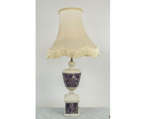 LAMP, urn form white marble and amethyst with silk shade, 87cm H 