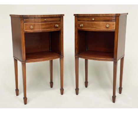 BEDSIDE/LAMP TABLES, a pair, George III mahogany and boxwood lined of bow outline each with drawer, slide and shelf, 40cm W x