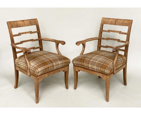 ARMCHAIRS, a pair, Art Deco walnut each with stepped ladder back and woven linen check upholstery, 62cm x 94cm H x 60cm. (2) 
