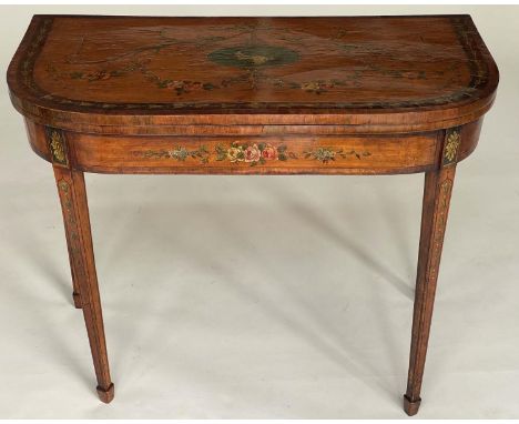 SATINWOOD CARD TABLE, George III with painted D foldover baize lined top having central medallion and floral swag decoration,