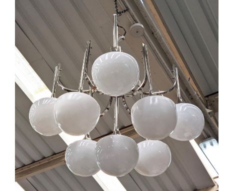 CHANDELIER, vintage 1970's, white glass shades, polished metal frame, 100cm drop. 