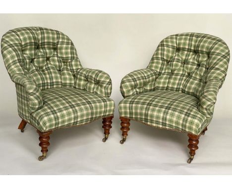 ARMCHAIRS, a pair, Victorian walnut with green check/tartan upholstery, deep button back scroll arms and turned supports, 79c