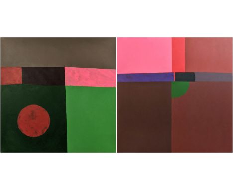 PHIL JOHNS, 'Green light' and 'Rosy' acrylic on canvas, 80cm x 80cm, framed. (2) 