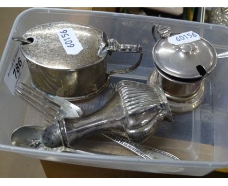 2 Silver mustard pots, silver pepperette, fork and spoon.