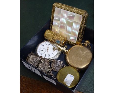 A gold plated full hunter pocket watch, Stratton compact, plated pocket watch, etc.