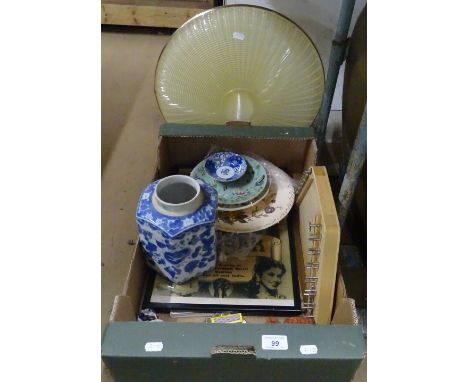 Oriental jar and plates, framed poster, zither, ceiling light, etc.