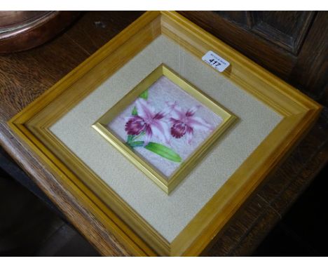 A silver & enamel plaque, exotic flowers, framed & glazed, overall 29.5 x 29.5 cm Harvey Nichols box