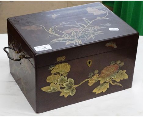 A large chinoiserie lacquered tea caddy with engraved metal lined interior.