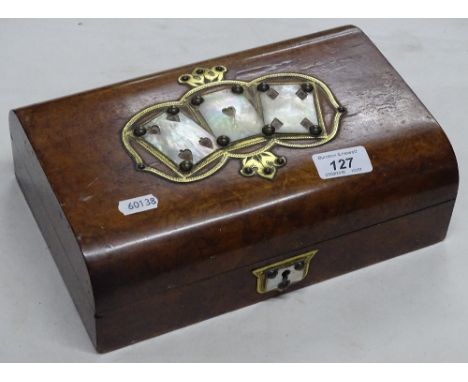 Antique burr walnut playing cards box with inset mother of pearl design to the lid.