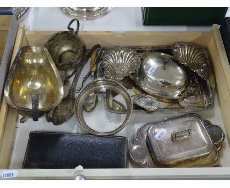 Silver plated sauceboats, shell dishes, butter dish, decanter label, etc.