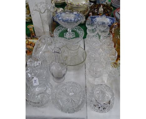Hock glasses, pedestal comports, decanter, etc.