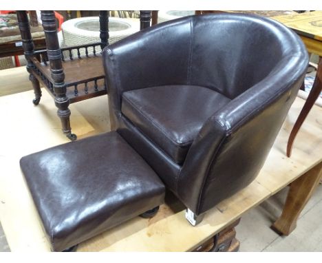 A Dunelm Mill child's brown leather bow armchair and footstool.