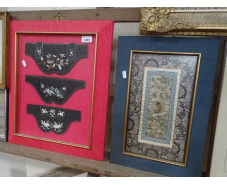 An Antique Chinese silk panel, decorated with birds and flowers, framed and another, (2).