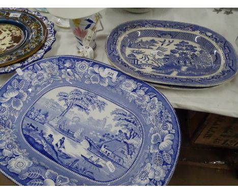 A Victorian blue and white printed meat dish, 2 Victorian willow pattern meat plates, and a table lamp.