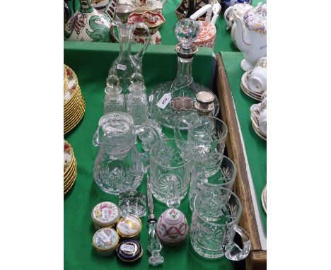 Ships decanter with silver mount and label, 2 other silver topped decanters, glassware and pillboxes.
