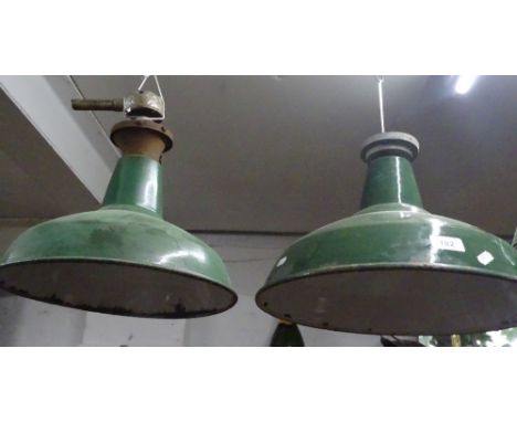 2 Similar green and white enamel industrial ceiling light shades.