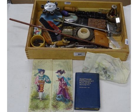 Pair of signed painted tiles, whistles, enamelled patch box, Second World War handkerchief and other interesting items.