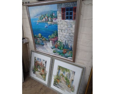 R Jackson, oil on canvas, Mediterranean coastal view, and Eric Erwing, pair of coloured prints, continental buildings, framed