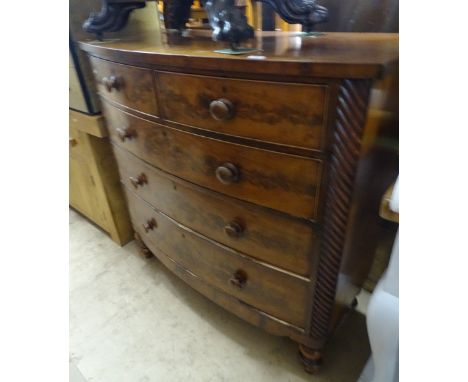 A 19th century mahogany bow front 5-drawer chest, width 4', height 3'10".