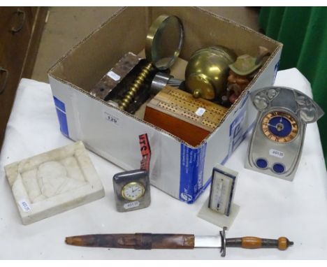 Arts & Crafts design clock, magnifying glass, knife, thermometer, etc.