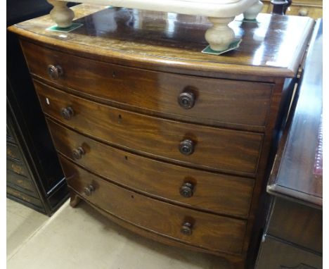 A 19th century mahogany bow front 4-drawer chest, width 3'2", height 3'.