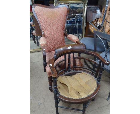 An Edwardian mahogany and satinwood strung bow arm chair and a Victorian mahogany framed open arm chair