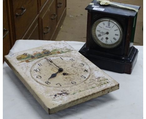 A slate cased mantel clock and a metal nursery wall clock.