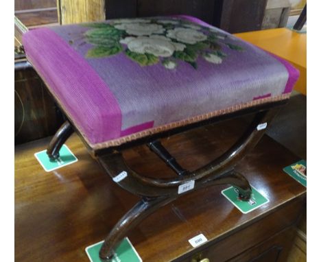 A 19th century mahogany stool, with tapestry upholstery and cross stretchers, width 1'7", height 1'4".