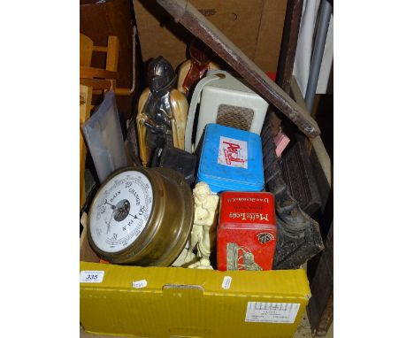 Barometer, fire set holders, tins, etc.
