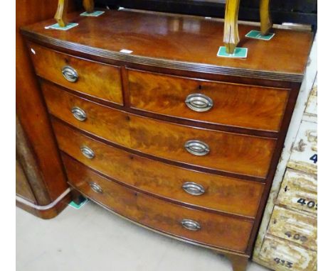 A 19th century mahogany bow front chest of 5 drawers on bracket feet, width 3'6", height 3'5", depth 1'8".
