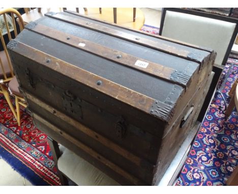 19th century steel and wood bound domed top travelling trunk, fitted inner tray, bears label for E Morgan, Trunk, Bag & Portm