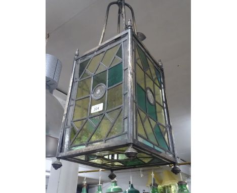 A lead light square glass hanging lantern.