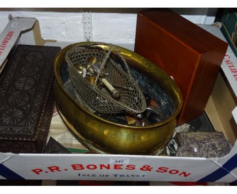 Spirit flask, evening purse, carved wood box, brass pan, etc.