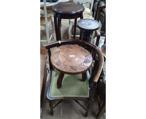 A stained beech bow arm elbow chair, 2 jardiniere stands and another.