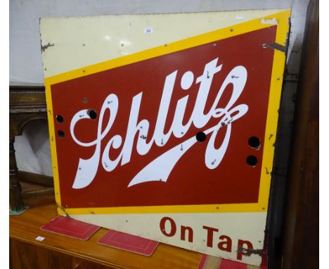 A Vintage painted enamel double sided Schultz light-up sign, width 3'8", height 3'4.5", depth 10.5".