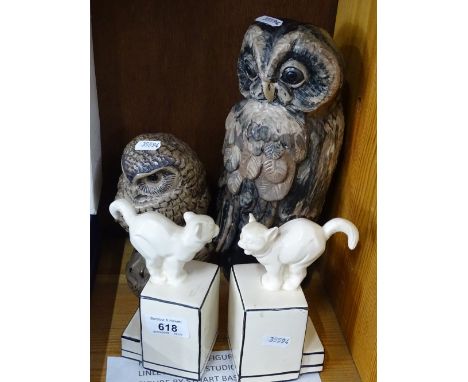 Poole owl, Stuart Bass pottery owl and a pair of Art Deco cat bookends.