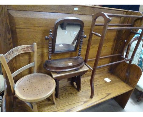 Victorian swing toilet mirror, small stool, bentwood chair and a towel rail