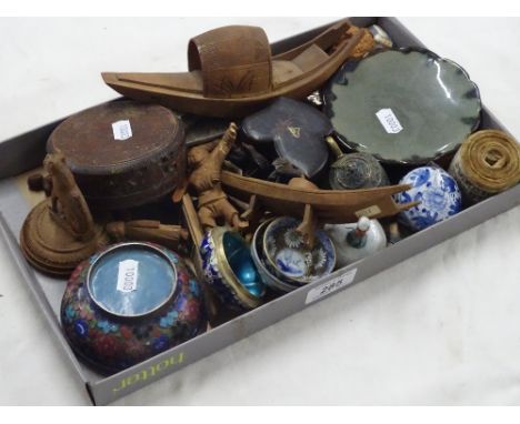 Box of small Oriental figures, Cloisonne bowl, lacquered panel, etc.
