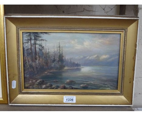 Oil on panel, river view, indistinctly signed, gilt framed.