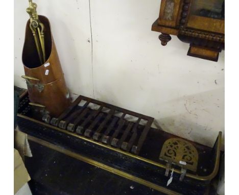 A Victorian brass and steel fender, a fire grate, fire irons etc