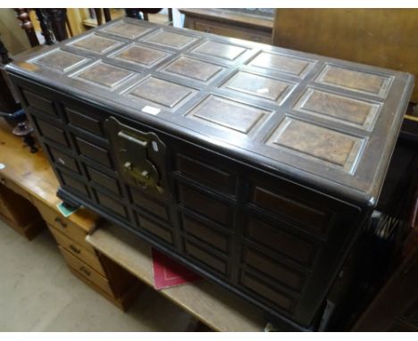 An Oriental panelled camphorwood blanket chest, with fitted tray on bracket feet, W 100cm