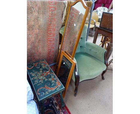 A button-back upholstered armchair, a Toleware style painted occasional table and 2 mirrors