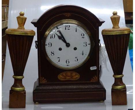 An Edwardian mahogany and marquetry inlaid dome top mantel clock, with enamel dial and 8-day striking movement, height 15"