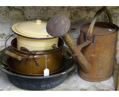 A Vintage metal watering can, a brass jam pan, an enamel pot and cover etc